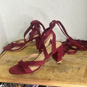 Allegra K Womens Maroon Faux Suede Crisscross Lace-Up Chunky Heel Sandals Sz 8.5